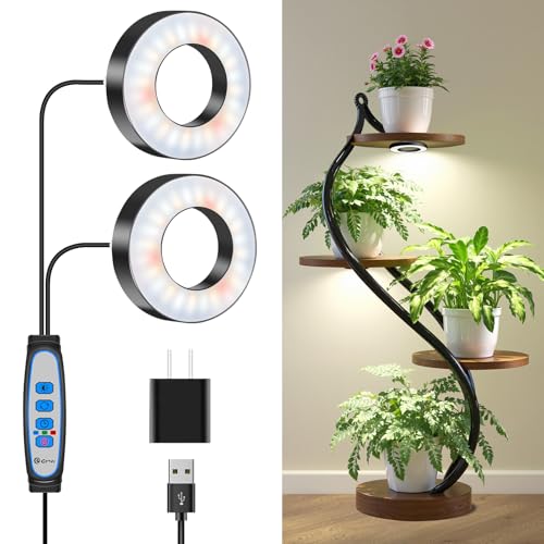 Wiaxulay Grow Lights for Indoor Plants, 96 LEDs Full Spectrum LED Plant Grow Light, 5V/2A Under Cabinet Grow Lamp with Auto Timer 6/12/16 Hrs, 3 Lighting Mode, 5 Brightness, Two Head (3.5in) - size: 3.5in-Two Head