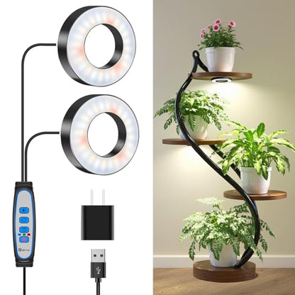 Wiaxulay Grow Lights for Indoor Plants, 96 LEDs Full Spectrum LED Plant Grow Light, 5V/2A Under Cabinet Grow Lamp with Auto Timer 6/12/16 Hrs, 3 Lighting Mode, 5 Brightness, Two Head (3.5in) - size: 3.5in-Two Head