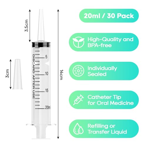 JOLLY PARTY 30 Pack 20mL Syringes, Plastic Syringes with Catheter Tip and Cap, Individually Sealed Feeding Syringe For Dogs, Measuring Syringe For Liquid, Scientific Labs, Refilling, Dispensing - style: 20ml