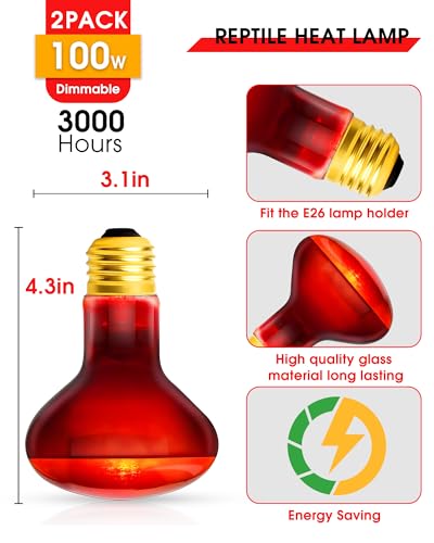 EvaStary 100W Infrared Heat Lamp Bulbs, 2 Pack Reptile Red Heat Lamp Bulb Infrared Basking Spot Light for Reptiles for Bearded Dragon, Turtle, Lizard, Snake, Chickens, Pets