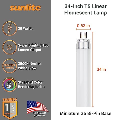 Sunlite 30420 F39T5/835/HO 34-Inch T5 Linear Fluorescent Lamp, 39 Watts, 3100 Lumens, 3500K Neutral White, Miniature G5 Bi-Pin Base, ROHS Compliant, High Performance Straight Tube, 40 Pack - color: 3500k, style: 39 watts (34-Inch)