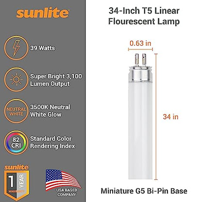 Sunlite 30420 F39T5/835/HO 34-Inch T5 Linear Fluorescent Lamp, 39 Watts, 3100 Lumens, 3500K Neutral White, Miniature G5 Bi-Pin Base, ROHS Compliant, High Performance Straight Tube, 40 Pack - color: 3500k, style: 39 watts (34-Inch)