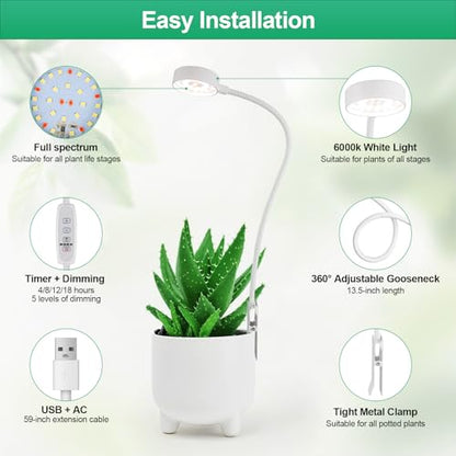 2 Pack Grow Lights, Pot Clip LED Growing Lamp for Indoor Succulents Pot Mini Small Plants,6000K White Full Spectrum with 5-Level Dimmable, Auto Timer 4/8/12/18 Hrs