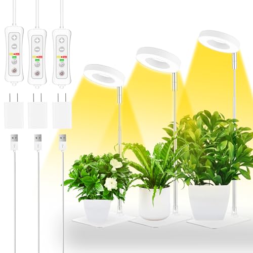 yadoker Halo Plant Grow Light, LED Growing Light with Base,Full Spectrum for Indoor Plants,Height Adjustable, Automatic Timer, 5V Low Safe Voltage,Idea for Small Plant Light(3 Pack) - color: 3.4 inch White with Base, size: 3 Pack