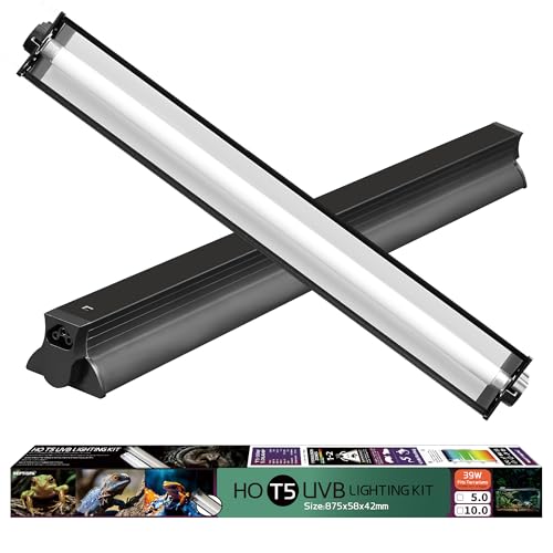 T5 HO UVB Lighting Combo Kit, Reptile Light Fixture with Fluorescent Light Bulbs, Tropical Light for Reptiles and Amphibians, Basking Light for Bearded Dragon, High Output Natural Light (39W 10.0 UVB)