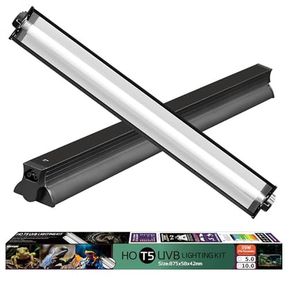 T5 HO UVB Lighting Combo Kit, Reptile Light Fixture with Fluorescent Light Bulbs, Tropical Light for Reptiles and Amphibians, Basking Light for Bearded Dragon, High Output Natural Light (39W 10.0 UVB)