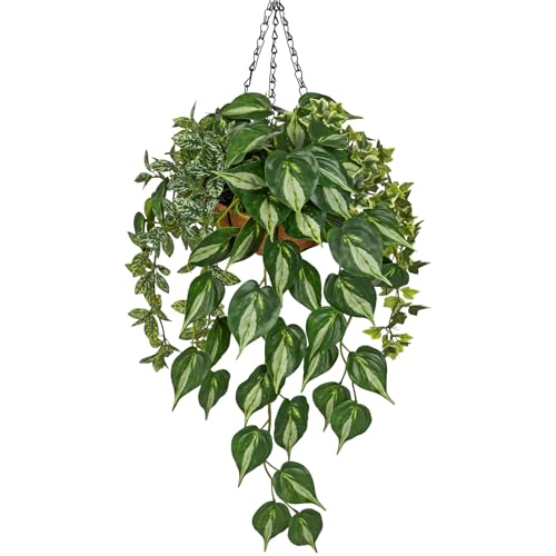 Fake Hanging Plant with Pot, Large Hanging Artificial Plants with Basket & Hanger Faux Greenery Plants Indoor Outdoor Decor Fake Pothos Plant in Pot for Wall Balcony Patio Office Bathroom Shelf - color: Green & White Pothos