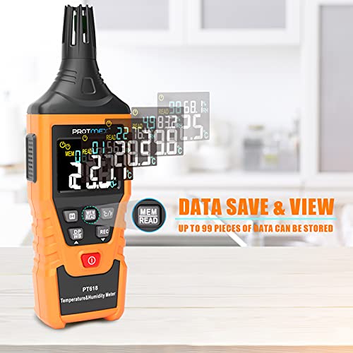 Protmex PT618 Temperature Humidity Meter, Thermometer Hygrometer Monitor with Ambient, Dew Point, Wet Bulb for Indoor/Outdoor MIN, MAX, Data Hold, LCD Backlight - size: PT618