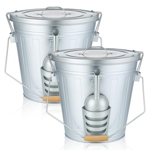 Yungyan 2 Pcs Bird Seed Containers Storage Galvanized Steel Metal Food and Seed Locking Storage Bucket Bin with Scoop, Rustic Farmhouse Feed Containers, Holds up to 18 Quarts, Disassembled Outer Frame