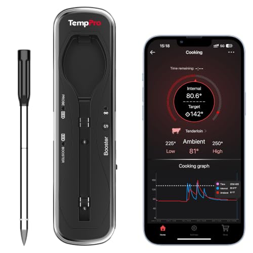 TempPro Upgraded Meat Probe Wireless Meat Thermometer, 500ft Bluetooth Meat Thermometer for Cooking Kitchen Oven Smoker, Rechargeable Meat Probe for Backyard Grill BBQ Gifts(Previously ThermoPro) - color: Black