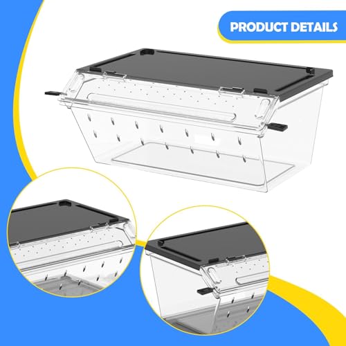 Reptile Feeding Box Breeding Tank Portable Carrier Acrylic Clear Enclosure Cage for Gerbil Turtle Chameleons Geckos Frogs, Black