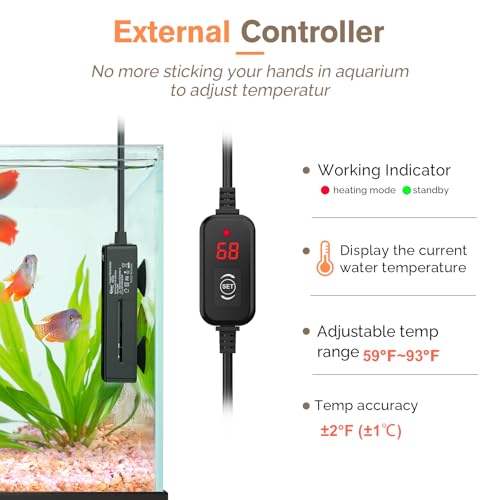 hygger Mini Fish Tank Submersible Heater 20W for 1-5 Gallons Desktop Betta Aquarium Heater with Digital Display Controller Adjustable Temperature - size: 20 Watt