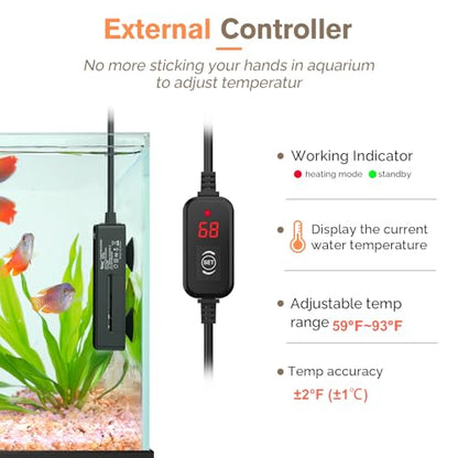 hygger Mini Fish Tank Submersible Heater 20W for 1-5 Gallons Desktop Betta Aquarium Heater with Digital Display Controller Adjustable Temperature - size: 20 Watt