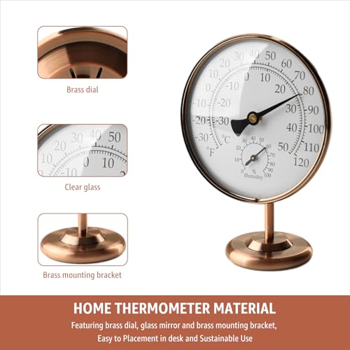 4-Inch Indoor Thermometer and Humidity Gauge, Room Analog Temperature and Humidity Monitor, Dual Scale Display, Brass Dial with Stand, Battery-Free for House, Home, Desk, Bedroom, Garage, RV