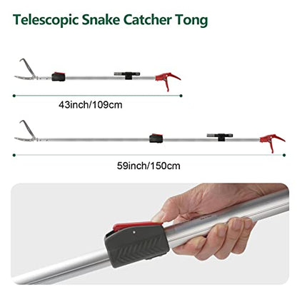 Snake Catcher Tongs Grabber Rattle Heavy Duty with 43 inch to 59 inch Telescopic Pole