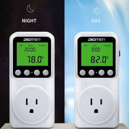 DIGITEN Digital Programmable Thermostat Outlet with Timer | 15A Plug-in Day-Night Temp Controller for Heating/Cooling, Clock & ℃/℉, Backlit LCD, 110V for Home/Reptile/Heat Mat