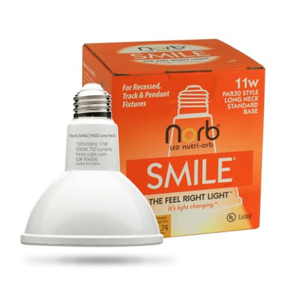 NorbSMILE PAR30 Full Spectrum Light Bulb | US Patented | CA Energy Compliant Long Neck LED Bulb & 11W 750 Lumens | 5000K Daylight White, CRI 96+ & Dimmable | Supports Energy, Mood & Circadian Rhythm - style: Smile 11W PAR30 (1 Pack)