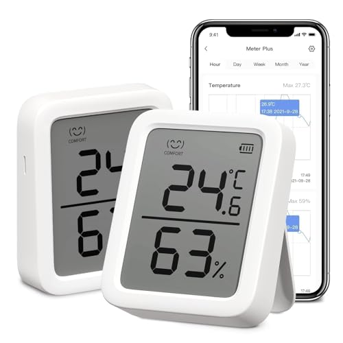 SwitchBot Thermometer Hygrometer, Bluetooth Indoor Humidity Meter and Temperature Sensor with App Control, Large LCD Display, Notification Alerts, Data Storage Export, Remote Monitor for Home (2 Pack) - color: SwitchBot Meter Plus 2 pack, white