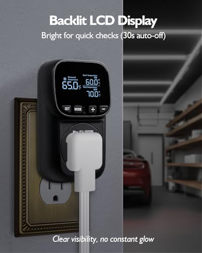 Temperature Controlled Outlet, Heavy Duty 15A 1800W Heating Cooling Thermostat Plug Outlet, -40℉~210℉ LCD Display Plug in Thermostat for Greenhouse Heater Incubator Homebrew Heat Lamp - style: Black