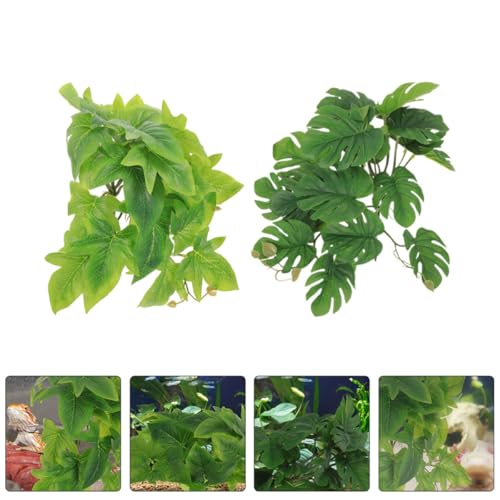BESPORTBLE 2pcs Artificial Hanging Plant Pendant with Suction Cup for Reptile Terrarium Habitat Decor, 46 Leaves Monstera and Sweet Potato Vine Simulated Plastic Plants for Amphibians