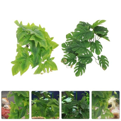 Hemoton 2pcs Hanging Reptile Plants for Terrarium with Suction Cups, Artificial Plastic Leaves 23-Leaf Monstera and Sweet Potato for Amphibian Habitat Decoration