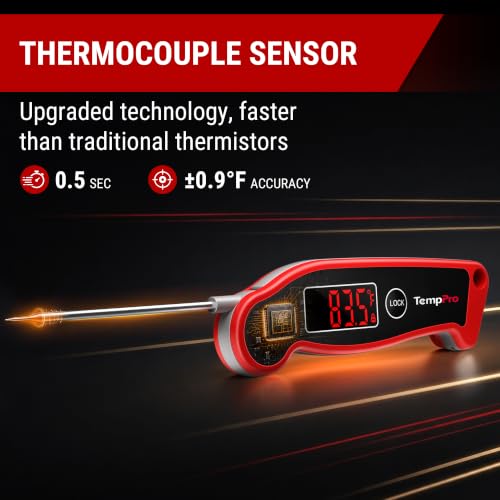 TempPro TP19 Waterproof Digital Meat Thermometer for Grilling with Ambidextrous Backlit & Thermocouple Instant Read Kitchen Cooking Food Thermometer for Candy Oil BBQ Smoker (Previously ThermoPro) - color: Bright Red