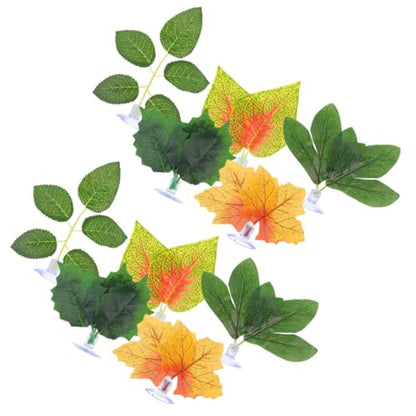 Hemoton 10pcs Reptile Tank Plants Set with Suction Cups, Lifelike Artificial Terrarium Plant Decor Leaves for Chameleon, Lizard, Snake Habitat, Aquarium and Reptile Enclosure Accessories
