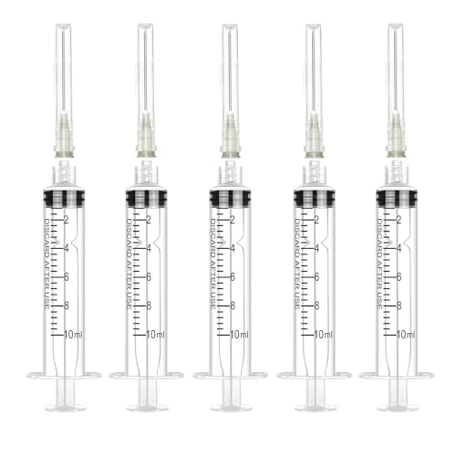5 Pack 10ml Plastic Syringe with Needle, Syringe for Liquid, Oral, Scientific Labs, Measurement, Dispensing, Feeding Pets, Oil or Glue Applicator, Individually Wrapped (10 ML)