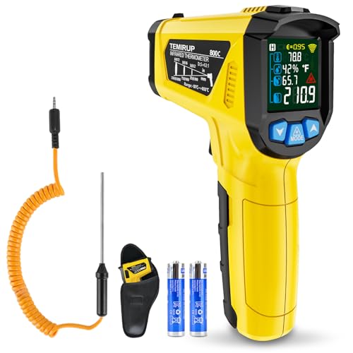 Infrared Thermometer Gun, TEMIRUP Non Contact Digital IR Laser Thermometer Temperature Gun with Probe for Cooking, Pizza Oven, Griddle, Humidity Measurement, Adjustable Emissivity -58°F to 1472°F - color: Yellow -58°F~1472°F (-50°C to~800°C)