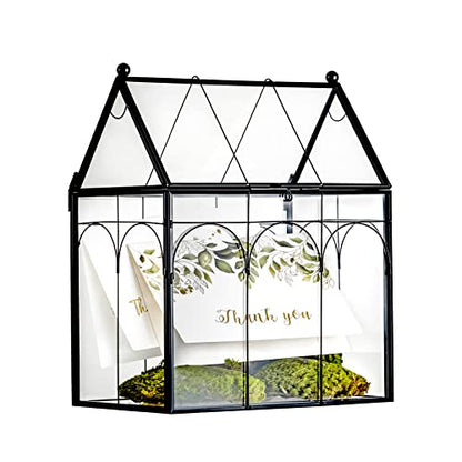 NCYP Glass Terrarium with Lid for Cacti, Succulents, Small Plants - 7.5 x 4.9 x 9 inches Closed Geometric Planter Box - Home Indoor Tabletop House Shape Decorative, Black (Terrarium Only)