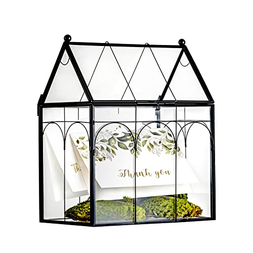 NCYP Glass Terrarium with Lid for Cacti, Succulents, Small Plants - 7.5 x 4.9 x 9 inches Closed Geometric Planter Box - Home Indoor Tabletop House Shape Decorative, Black (Terrarium Only)