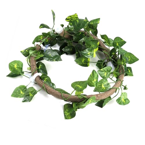 Premium Jungle Reptile Folding Branch Decoration for Chameleon, Turtle, Amphibian, Arboreum 3-D, Flexible Vine, 6.89 Feet Screw, PU+Eco-friendly Plastic (Rattan + Leaves - size: Rattan + foglie di ravanello verde