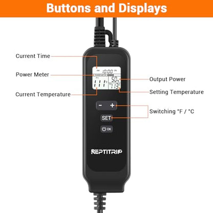 Reptile Dimming Thermostat, Adjustable Day and Night Temperature, Thermostat for Reptile Heat Lamp Heat Pad, PID Temperature Controller, Memory Function, ℉/℃ (Model: PT02A)