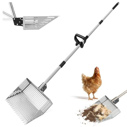 Adjustable Chicken Poop Scooper, 24-70" 4-in-1 Sifting Rake & Shovel, Stainless Steel Cleaner for Chicken Coop, Goat Stall, Rabbit Hutch, Pet Waste Large