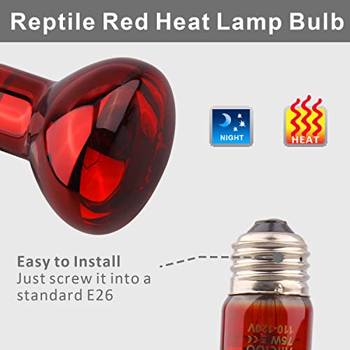 Aiicioo Reptile Red Night Light Bulb - 75W Reptile Heat Lamp Bulb Infrared Basking Spot Lamp for Bearded Dragon Lizard Turtle Hermit Crab Leopard Gecko Snake Chameleon Tank - color: ['Red'], size: ['75W']