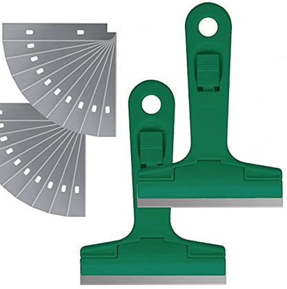 2pack 5.5 inches Industry Glass Scraper Scraping Hand Tool, T Shape Razor Blade Scraper with 20x Blades, Steel Scraping Knife for Window Stove Windshield Aquarium Tile Floor Wall Cleaning (Green) - color: Green