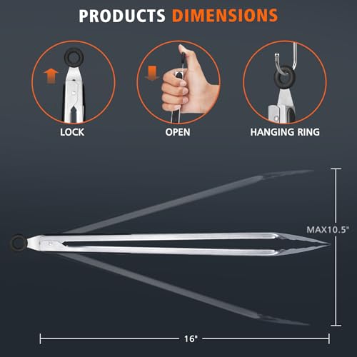 Hotec Stainless Steel Kitchen Tongs, 16 Inch Extra Long Locking Metal Food Tongs for Cooking, Serving, BBQ, Grill Non-Slip Grip - size: 16inch