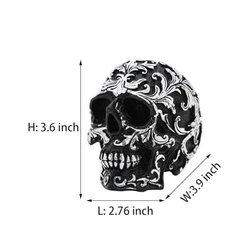 Gothic Skull Home Decor - Realistic Skeleton Skull Head Statue, Halloween Resin Skull Figurine with Silver Designs, 3.62 Inch Fake Skull for Decorations, Party, Home, Desk Skull Head Decor