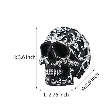Gothic Skull Home Decor - Realistic Skeleton Skull Head Statue, Halloween Resin Skull Figurine with Silver Designs, 3.62 Inch Fake Skull for Decorations, Party, Home, Desk Skull Head Decor