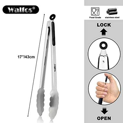 Walfos 17 Inch Extra Long Grill Tongs Set of 2, Ultimate Stainless Steel Tongs for Grilling, Cooking, BBQ/Barbecue, Buffet and Turning Food - color: 2pcs BBQ Tongs, size: Extra Long 17 inch