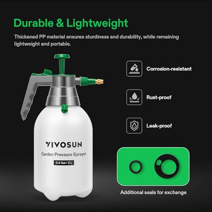 VIVOSUN 0.5Gal Handheld Garden Sprayer, 2L Pump Sprayer, 68 Oz Water Spray Bottle with Safety Valve, Adjustable Nozzle, Extended Spray Rod & Additional Seals, Ideal for Watering, Fertilizing, Cleaning - size: 68 ounce