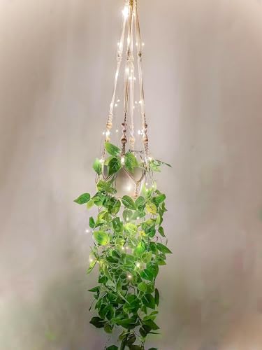 2 Packs Fake Hanging Plant with lights Artificial Plants with Pots for Home Decor Macrame Plant Hanger with Faux Vines Greenery for Bedroom Bathroom Room Ceiling Wall Boho Decor Indoor Outdoor - size: 2 PACK - Fake Plants + LED Lights