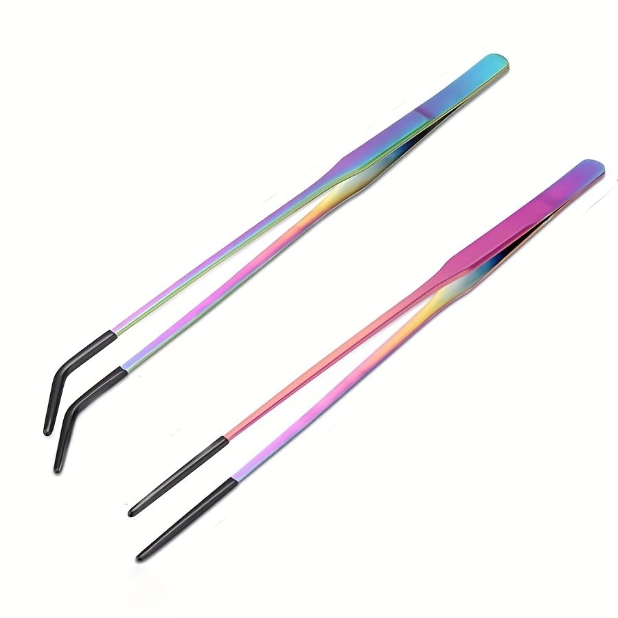 2PCS Reptile Feeding Tongs with Rubber Tips, Straight & Curved Tweezers, Safe Aquarium Lizard Snake Turtle Feeding Tool
