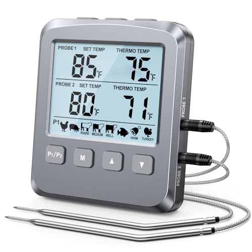 Dual Probe Meat Thermometer Digital for Cooking, Grilling & Smoking with Large LCD Backlight & Alarm, Kitchen Food Grill Thermometer, Smoker Accessories for BBQ Oven Oil Fry, Gifts for Men Dad