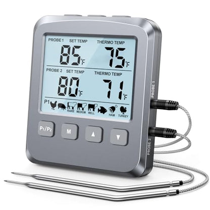 Dual Probe Meat Thermometer Digital for Cooking, Grilling & Smoking with Large LCD Backlight & Alarm, Kitchen Food Grill Thermometer, Smoker Accessories for BBQ Oven Oil Fry, Gifts for Men Dad