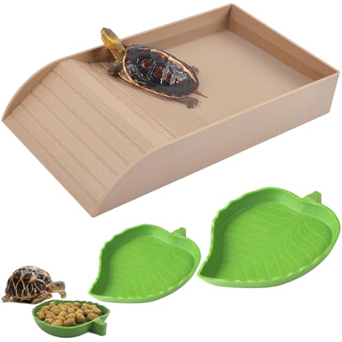 3pcs Tortoise Food Dish with Ramp and Basking Platform Leaf Tortoise Water Food Bowls Reptile Water Dish Turtle Reptile Pool for Amphibians Brown - color: Brown Imitation Wood