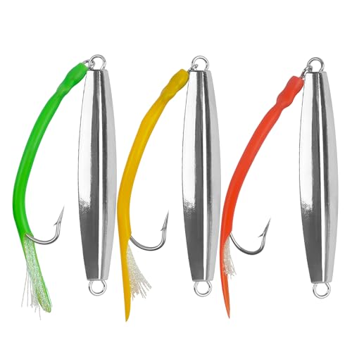 Diamond Jigs Saltwater Fishing Lures,Casting Jigging Spoon with Split Tube Tail Stainless Steel Hook Metal Jig Spoon Baits for Deep Sea Offshore Surf Fishing Bottom Sinking - color: 3pcs-3 Colors Mixed, size: 2oz