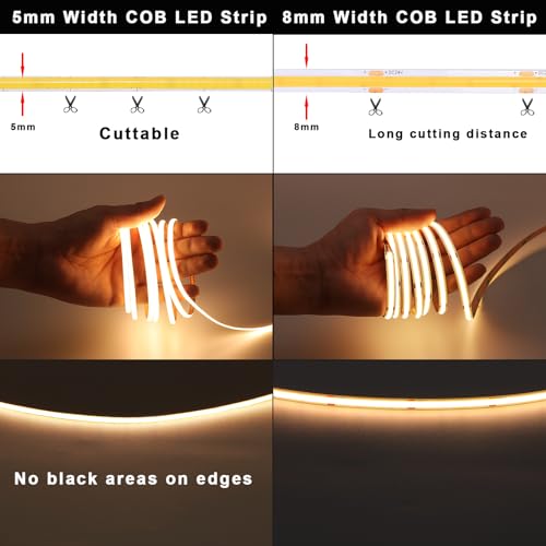 TOPAI 12V Thin 5mm COB LED Strip Waterproof 3000K Warm White 16.4ft Bright 4000Lm CRI>90 Uniform Dotless 400LEDs/M Self Adhesive Flexible Cuttable for DIY, Bedroom, Under Cabinet Lighting - color: Warm White 3000K
