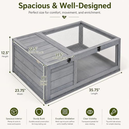 Wooden Tortoise Enclosure with Hideaway, Mesh Top and Clear Panels, Gray, 35.75" x 23.75" x 12.5", Indoor & Outdoor