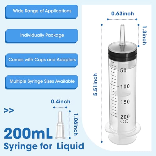 200mL Plastic Syringe for Liquid - 3 Pack Large Syringes with Adapter for Scientific Labs, Feeding, Oil Filling, Individually Wrapped - style: 200mL